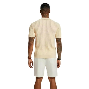 Men's light beige hollow knit polo shirt with vertical texture and short sleeves