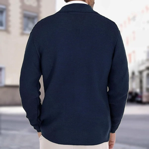 Rear view of navy blue heavy knit cardigan sweater for men with a business casual style