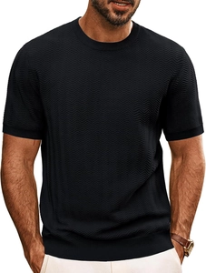 Close-up of black men's knitted t-shirt showing detailed wavy texture and ribbed collar