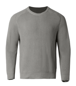 Detailed view of grey crew neck knitted sweater with thick ribbed texture and cuffs