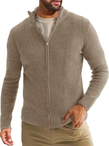 Detailed close-up of khaki waffle knit texture on men's slim fit zip-up cardigan