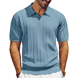 Men's light blue knit Polo shirt with V-neck and vertical striped texture on plain white background