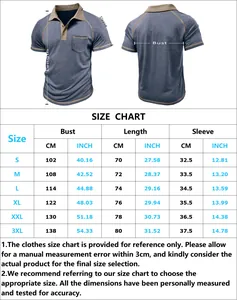 Detailed size guide for men's polo shirt with measurements in CM and INCH