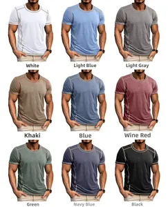 Detail of slim fit crew neck Henley T-shirt with contrast stitching in nine colors