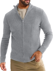 Detailed macro view of the grey honeycomb knit texture and zipper on the men cardigan