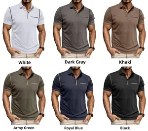 Collage of slim fit polo shirts for men showing six colors with contrast stitching details