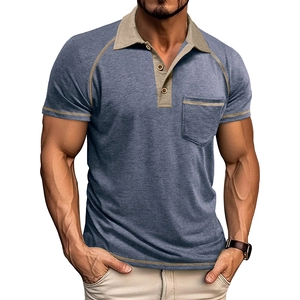 Men Contrast Polo Shirt Breathable Polyester Viscose Blend Short Sleeve Raglan Top With Breast Pocket Wood Buttons Casual Fashion Style For Men