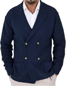 Detailed view of dark blue double-breasted knit cardigan with notched lapel and patch pockets