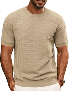 Close-up of khaki knitted T-shirt featuring intricate herringbone texture and ribbed collar