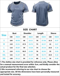 Size chart for men's Henley T-shirt with precise measurements in CM and INCH from S to 3XL