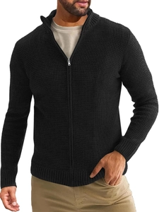 Detailed close-up of waffle knit texture and silver zipper on men's black cardigan