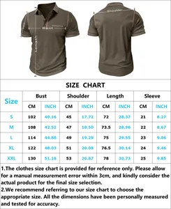 Detailed size chart for men's short sleeve polo shirt showing measurements in cm and inches