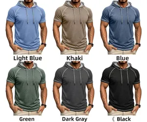 Men's hooded short sleeve t-shirts available in six colors with contrast stitching details