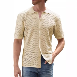 Men's cream knit short sleeve shirt with wavy crochet texture and button-up front