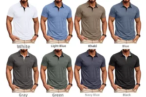 Detailed grid of slim fit polo shirts in eight colors with chest pocket and textured fabric