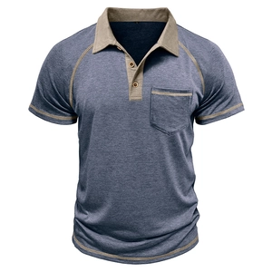 Short-sleeve men's Polo shirt in heather blue with contrast khaki collar and pocket trim
