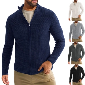 Men Slim Fit Waffle Knit Cardigan Sweater Warm Acrylic Fabric Stand Collar Full Zip Casual Jacket For Autumn Winter Daily Wear