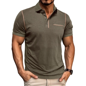 Close-up of military green polo shirt featuring three-button placket and contrast stitching