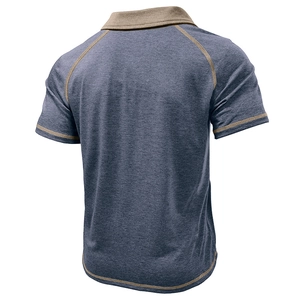 Mens polo shirt with blue-grey marl texture, contrast collar and raglan sleeve back view