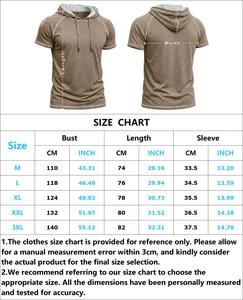 Detailed size chart for men's hooded short sleeve t-shirt with chest and length measurements
