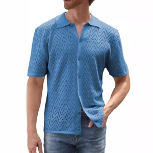Men's sky blue short sleeve knit polo shirt with wave hollow texture and button closure