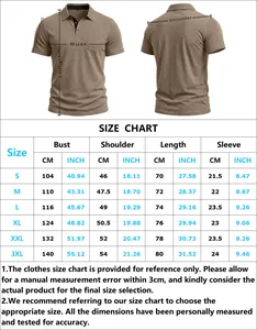 Size chart detail for men's short sleeve polo shirt showing measurements from S to 3XL