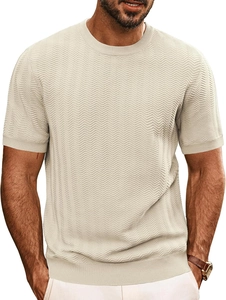Detailed view of beige knit T-shirt featuring classic crew neck and textured chevron pattern