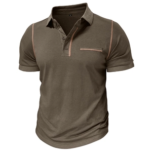 Detail of dark olive polo shirt featuring contrast stitching on shoulder and collar