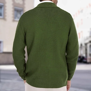 Detail view of olive green knit cardigan with rich texture and lapel collar on model back