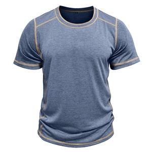 Detailed knit texture of blue Henley t-shirt featuring contrast khaki double stitching