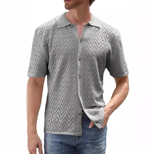 Men's casual knit polo shirt with grey wavy hollow texture and classic collar