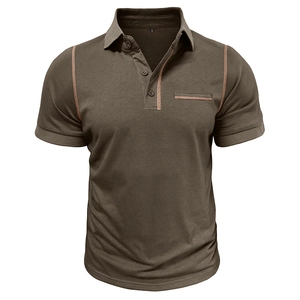 Macro detail of military green polo shirt with knitted texture and contrast stitching
