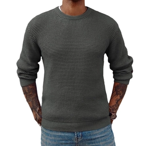 Men's dark grey crewneck waffle knit sweater with ribbed cuffs and hem in a classic fit