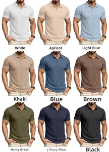 Detailed grid view showcasing vertical striped texture and 9 colors of men's polo shirts