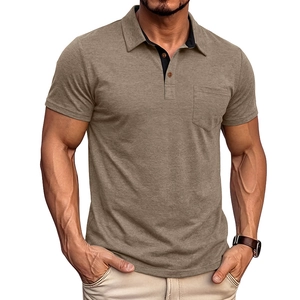 Men's slim fit khaki short sleeve polo shirt with chest pocket and contrast collar detail