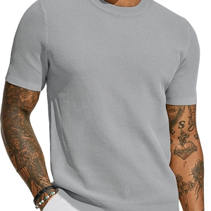 Men's slim-fit grey knit T-shirt featuring a breathable mesh texture and crew neck