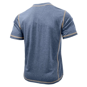 Detail of blue crew neck T-shirt back with mustard contrast stitching on fabric