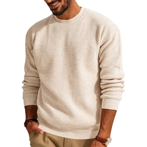 Men's waffle knit crewneck sweater in beige with ribbed cuffs and hem, solid casual style