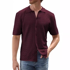 Burgundy short sleeve knit polo shirt for men with zigzag texture and buttoned lapel collar