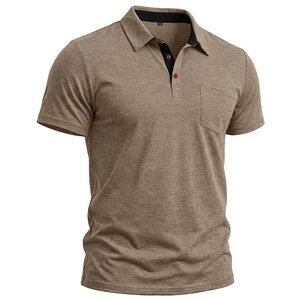 Close-up of heathered brown fabric polo shirt with contrast collar and chest pocket