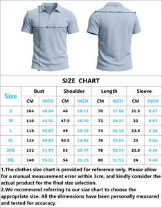 Detailed size chart for men's short sleeve polo shirt with chest and shoulder measurements