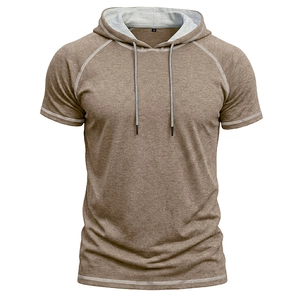 Detail of khaki hooded short sleeve T-shirt with white contrast stitching and drawstring