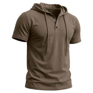 T-shirt Henley à manches courtes pour homme avec capuche beige et col à quatre boutons