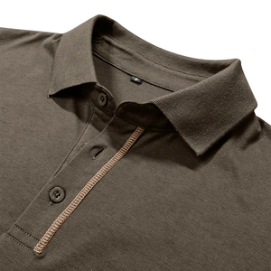 Detail of dark olive polo shirt collar with contrast stitching and two buttons