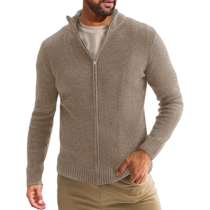 Men's slim fit waffle knit cardigan sweater with high neck and front zipper in light brown