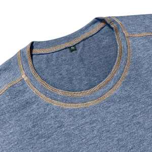 Detail of navy knit shirt neckline with contrast stitching and ribbed collar macro view