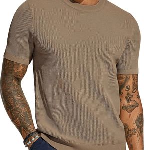Men's khaki slim fit knit t-shirt with crew neck and breathable mesh texture detail