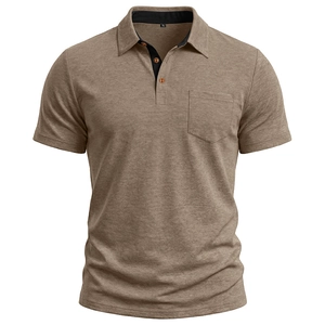 Detailed view of brown Polo shirt fabric texture and contrasting black collar lining