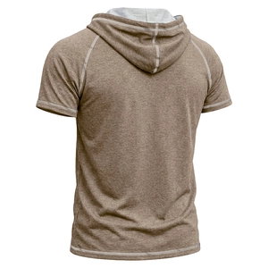 Macro view showing heathered brown fabric texture and contrast stitching on hooded shirt