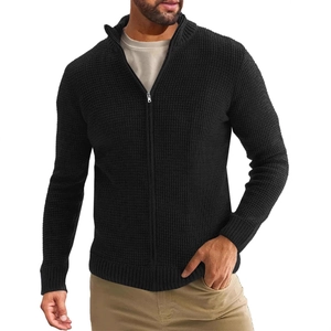 Men's black mock neck waffle knit cardigan sweater with full-length zipper closure